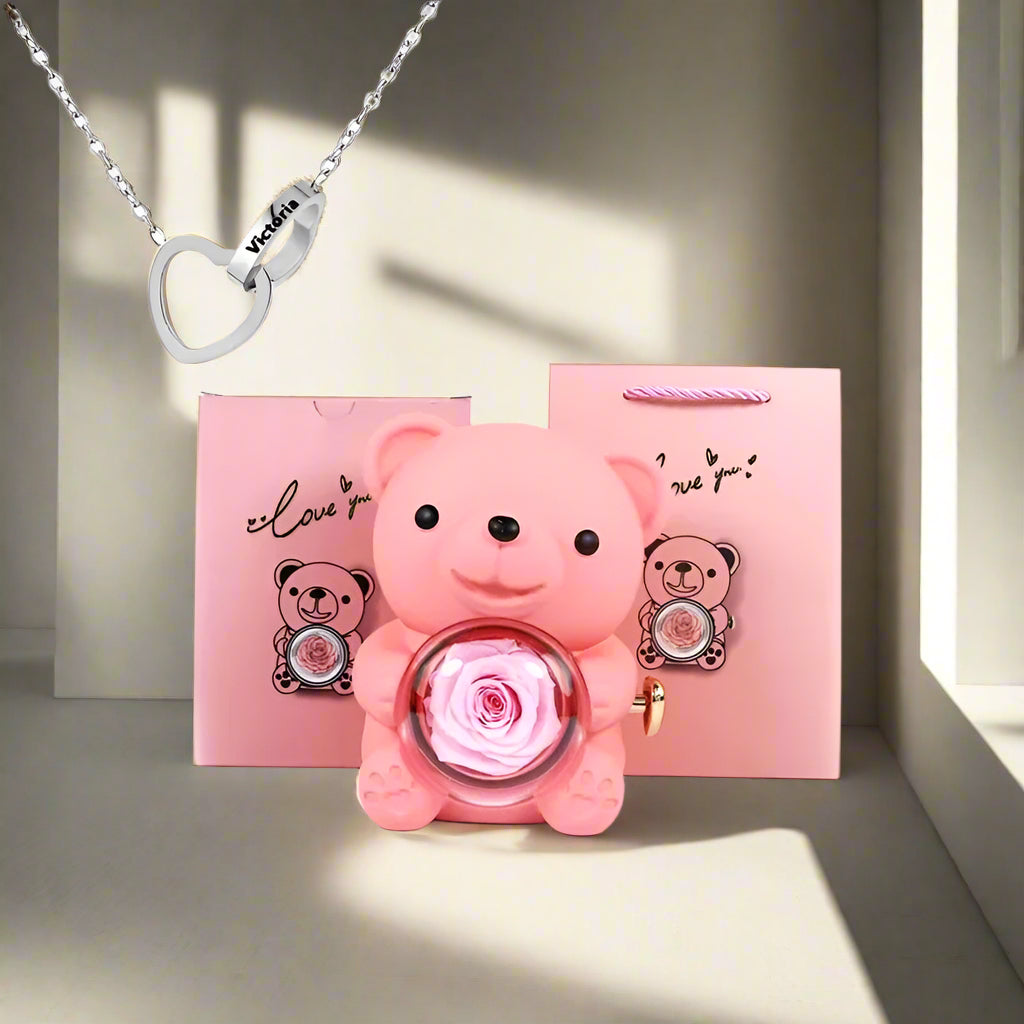 Eternal Rose Teddy Bear Gifts Box with Necklace Rotate Rose Jewelry Box Valentine Wedding Storage Gift Case for Women Girlfriend