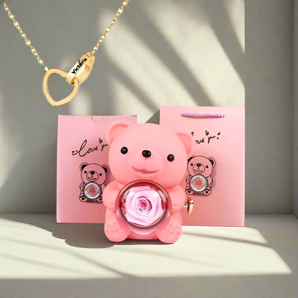 Eternal Rose Teddy Bear Gifts Box with Necklace Rotate Rose Jewelry Box Valentine Wedding Storage Gift Case for Women Girlfriend