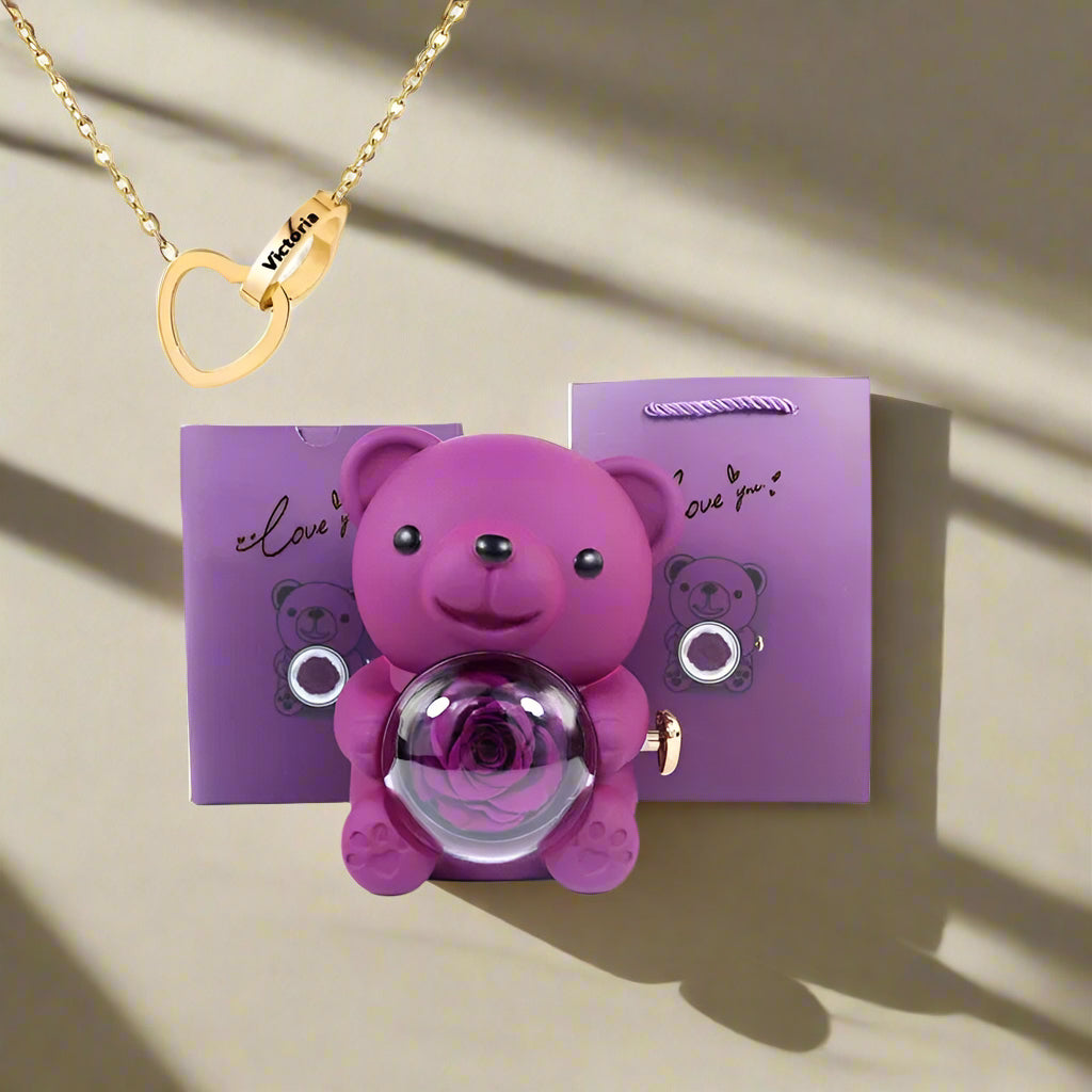 Eternal Rose Teddy Bear Gifts Box with Necklace Rotate Rose Jewelry Box Valentine Wedding Storage Gift Case for Women Girlfriend
