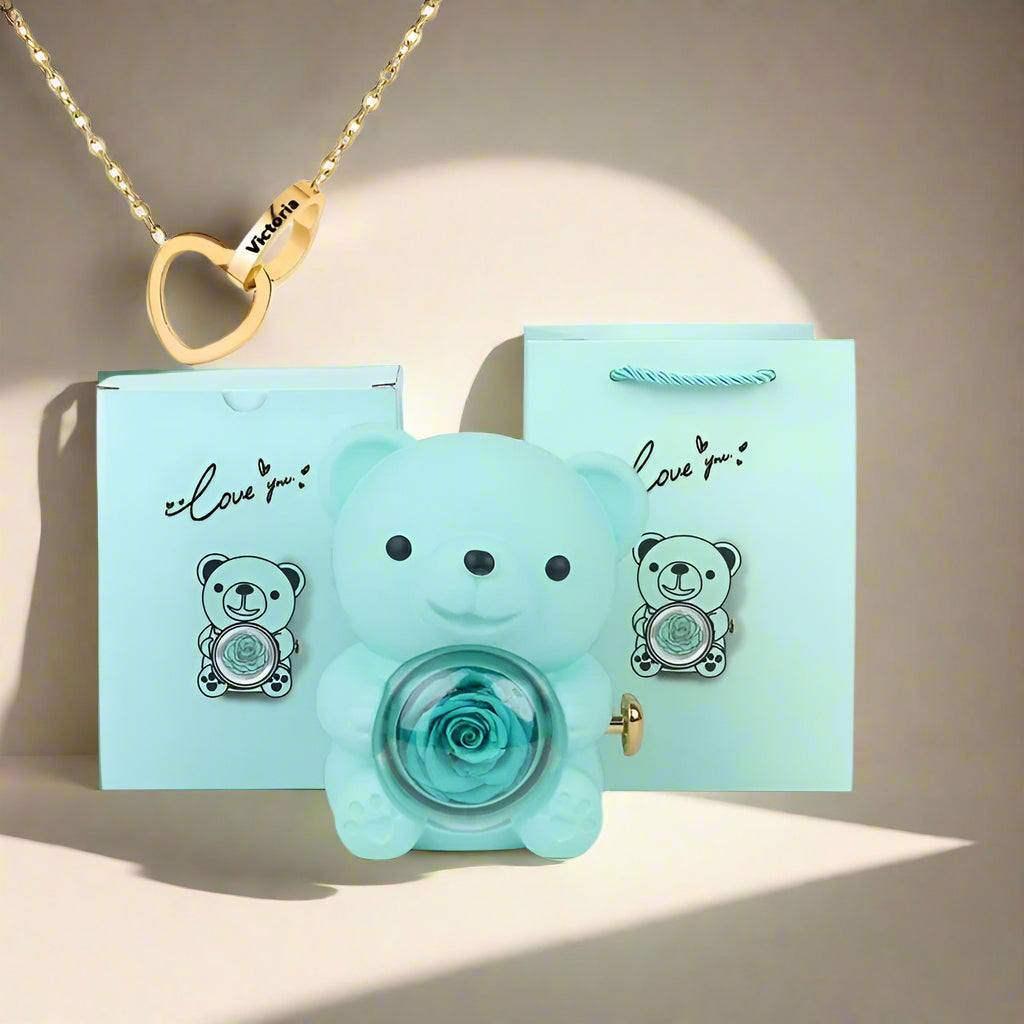 Eternal Rose Teddy Bear Gifts Box with Necklace Rotate Rose Jewelry Box Valentine Wedding Storage Gift Case for Women Girlfriend