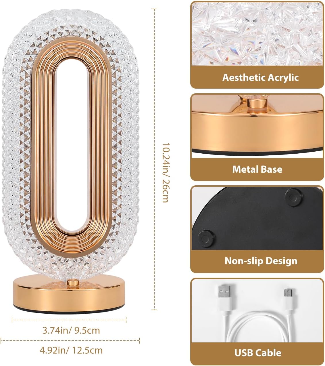 Modern Luxury Crystal Table Lamp - USB Rechargeable, Oval Design for a Chic Ambience in Any Room!