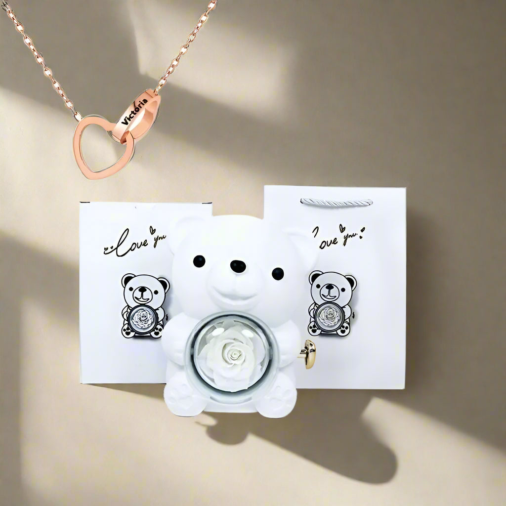 Eternal Rose Teddy Bear Gifts Box with Necklace Rotate Rose Jewelry Box Valentine Wedding Storage Gift Case for Women Girlfriend