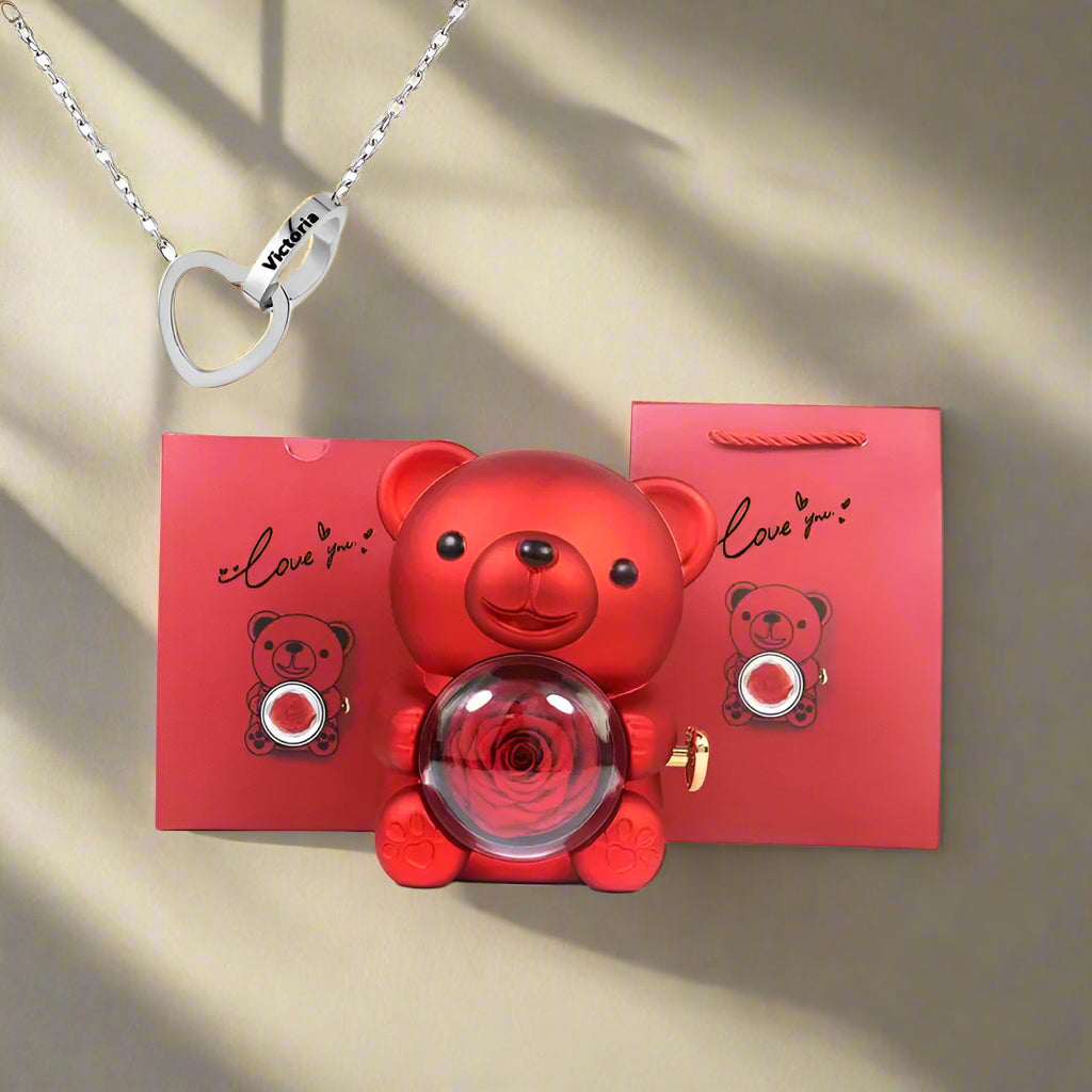 Eternal Rose Teddy Bear Gifts Box with Necklace Rotate Rose Jewelry Box Valentine Wedding Storage Gift Case for Women Girlfriend