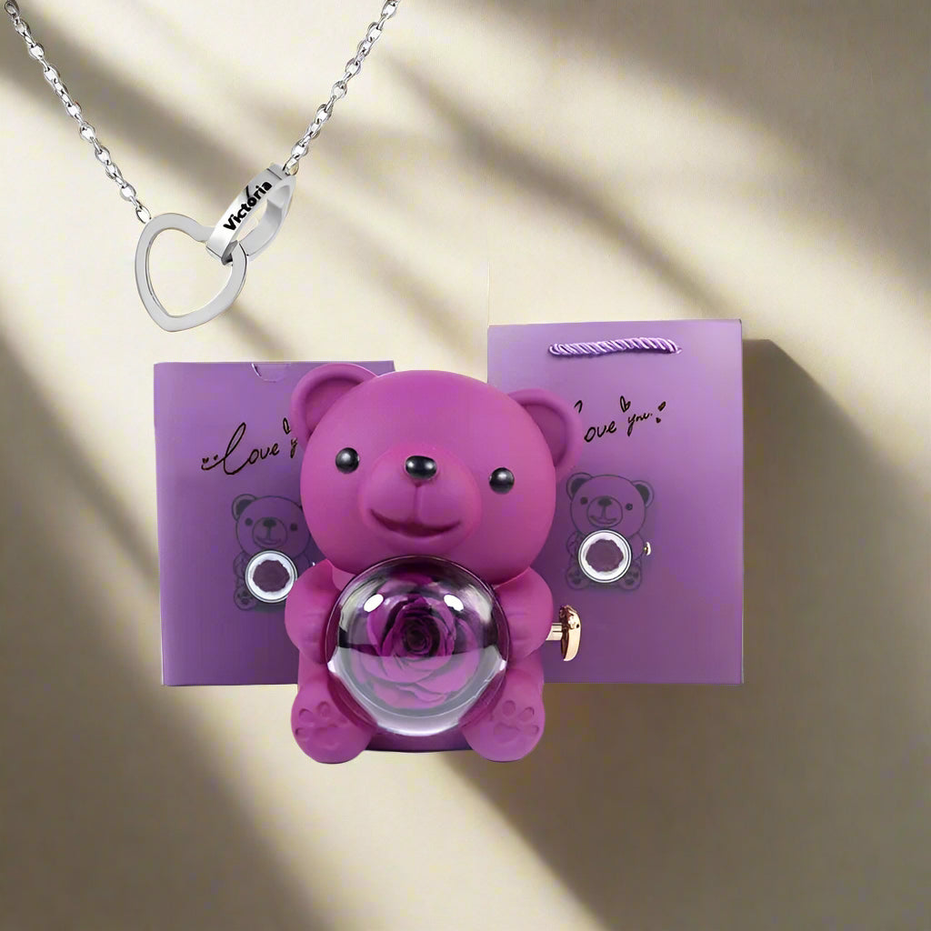 Eternal Rose Teddy Bear Gifts Box with Necklace Rotate Rose Jewelry Box Valentine Wedding Storage Gift Case for Women Girlfriend