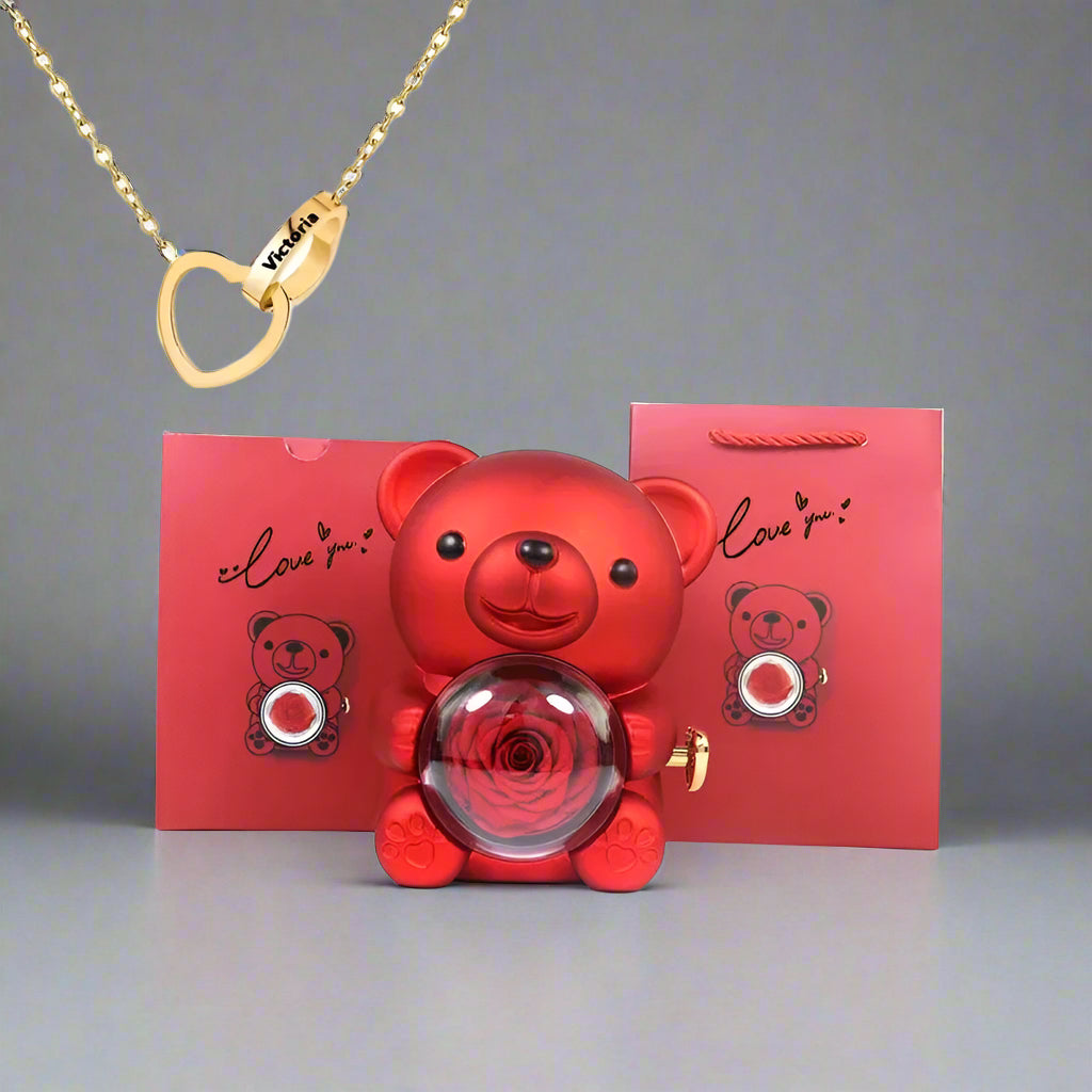 Eternal Rose Teddy Bear Gifts Box with Necklace Rotate Rose Jewelry Box Valentine Wedding Storage Gift Case for Women Girlfriend