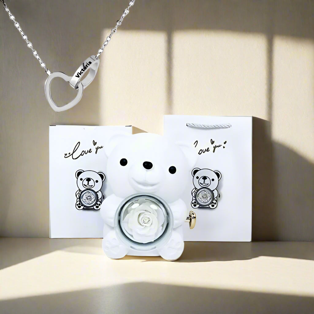 Eternal Rose Teddy Bear Gifts Box with Necklace Rotate Rose Jewelry Box Valentine Wedding Storage Gift Case for Women Girlfriend
